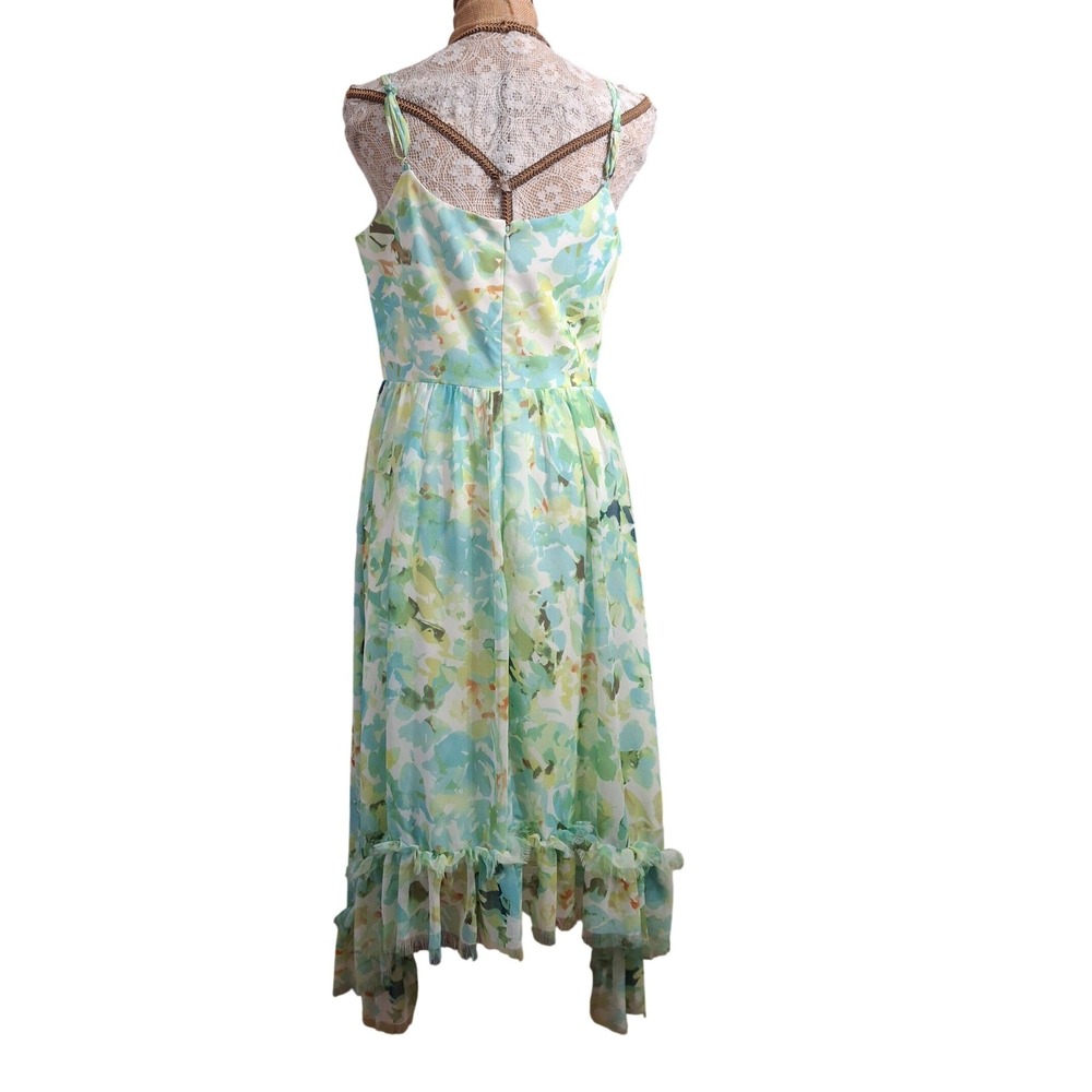 NWT Dress The Population Floral High-Low Ruffle Midi Dress Green Blue Large NWT - Picture 3 of 7